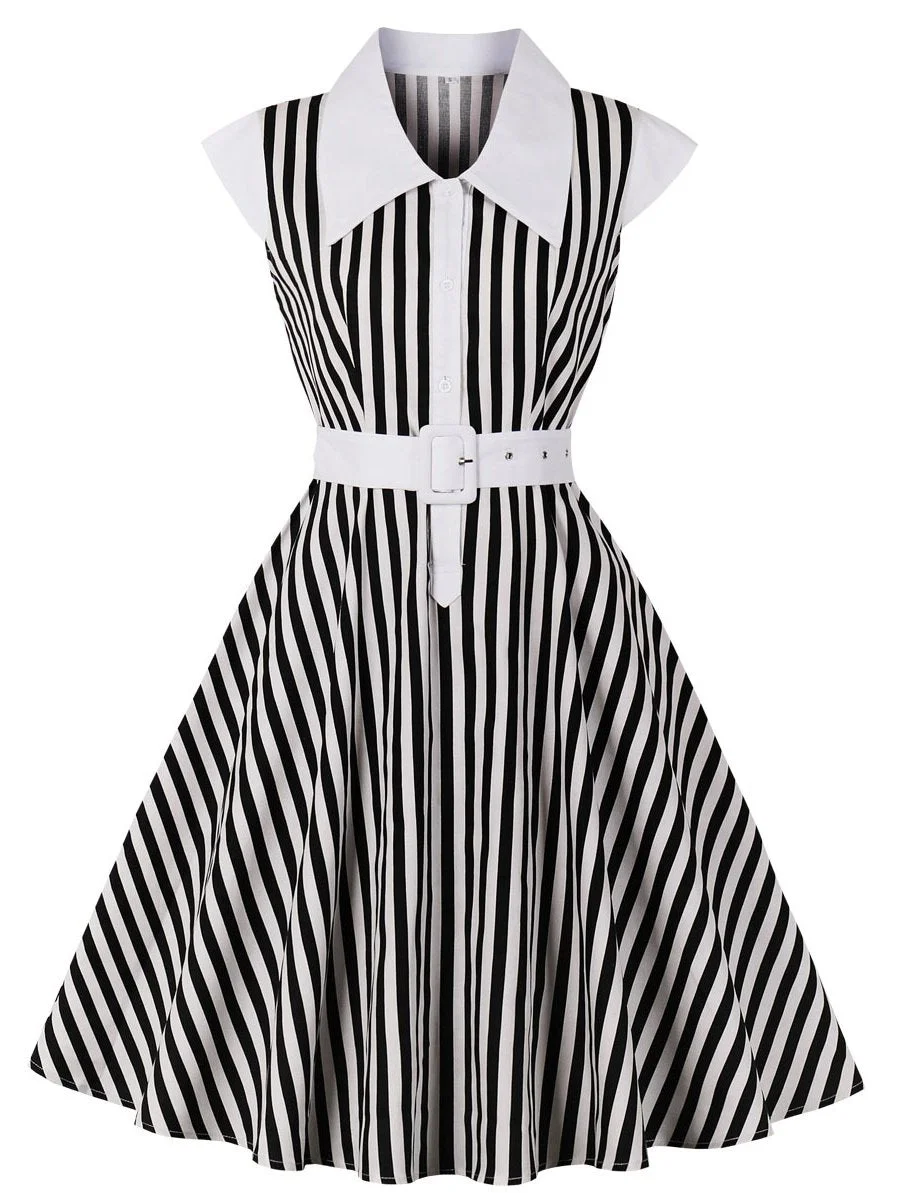 Vintage 1950s Dress Stripe Lapel Collar Button Belted Swing Dress