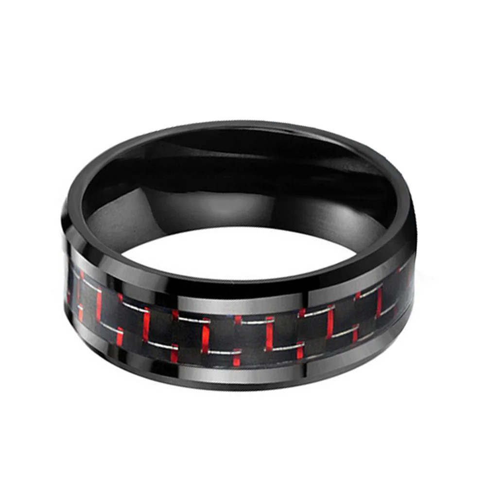 8mm Red Carbon Fiber Inlay Mens Tungsten Ring Polished Beveled Edge