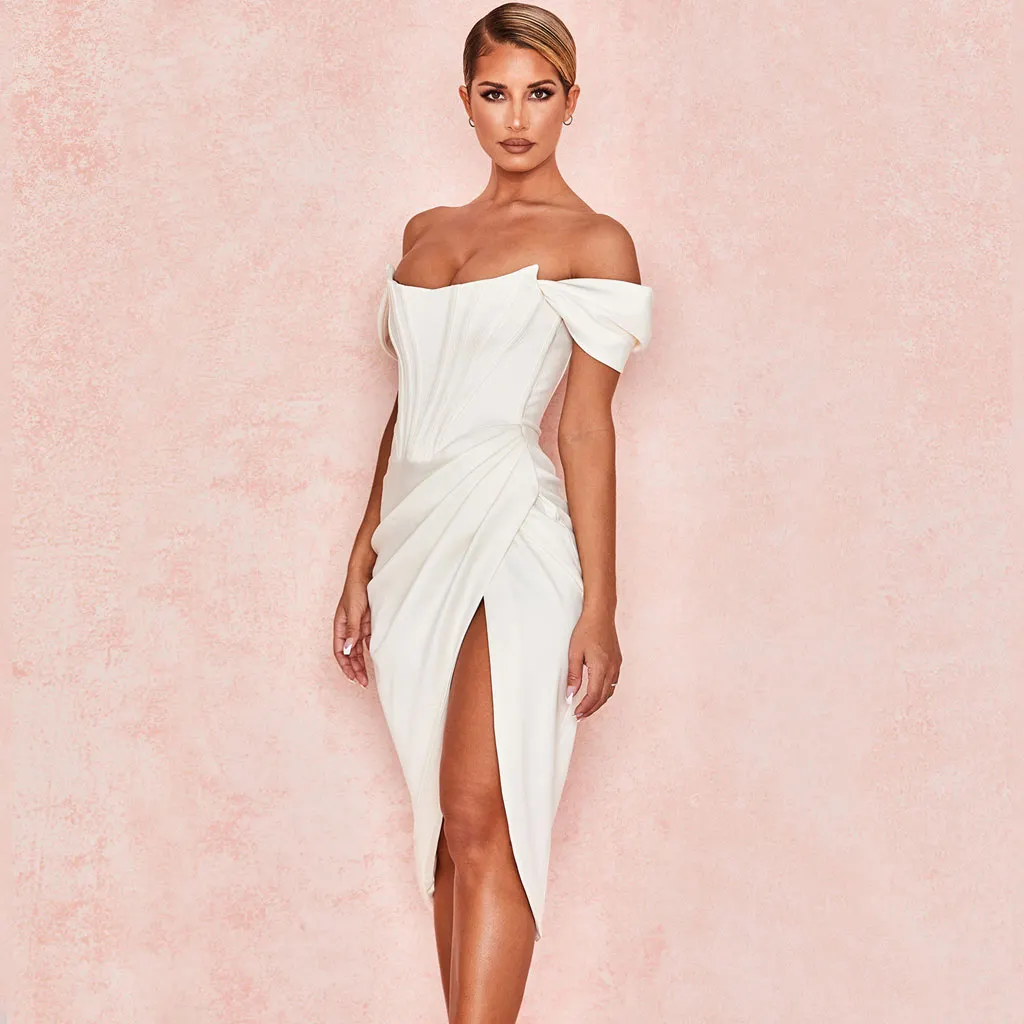 Draped Corset Midi Dress White Party Dress Plunge V-neck Sleeveless Party Dress cc208