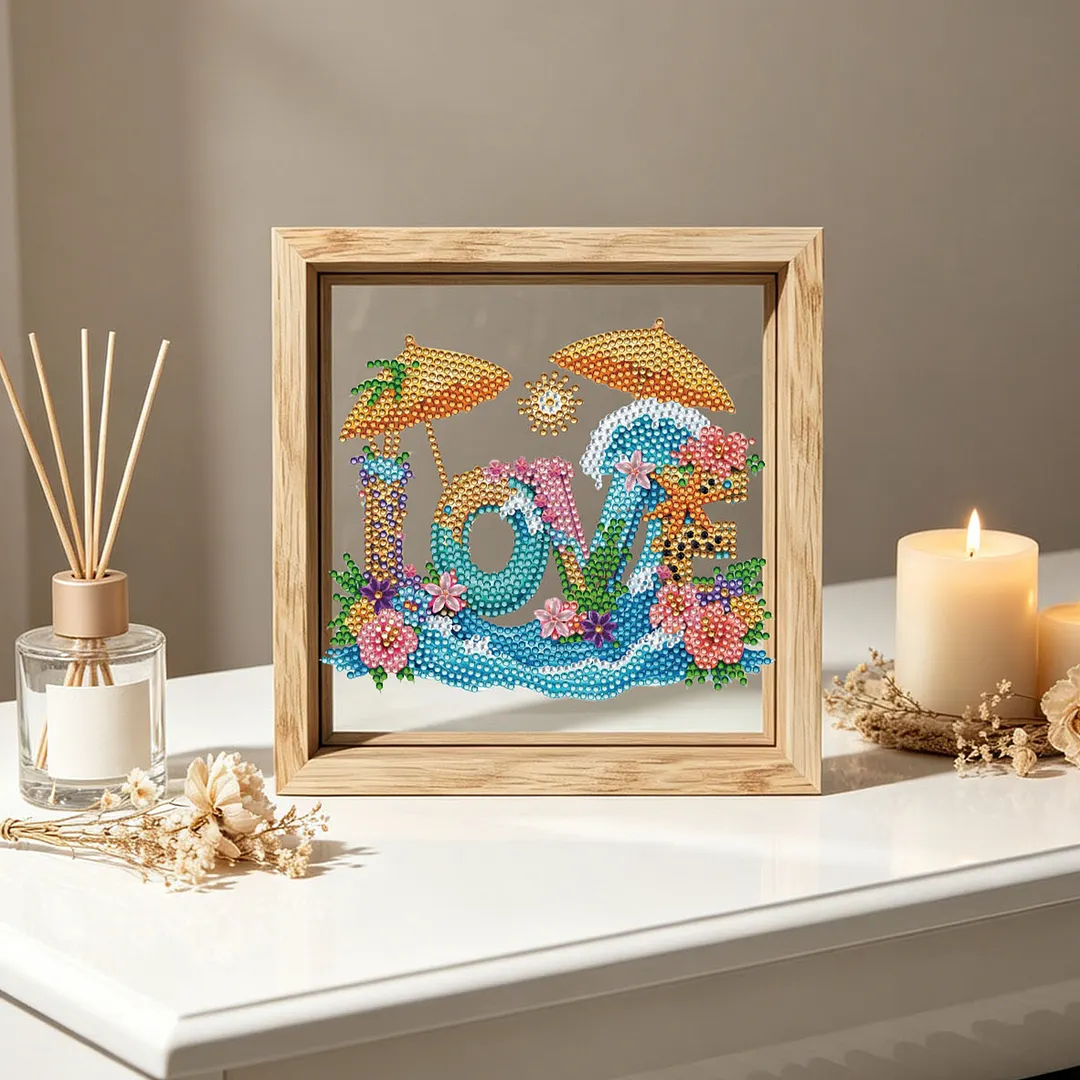 Beach Love DIY Special Shaped Drill Wooden Diamond Painting Tabletop Ornaments Kit with Photo Frame Desktop Diamond Art Kits Double-Sided Pattern for Adults/Beginners Home Decor