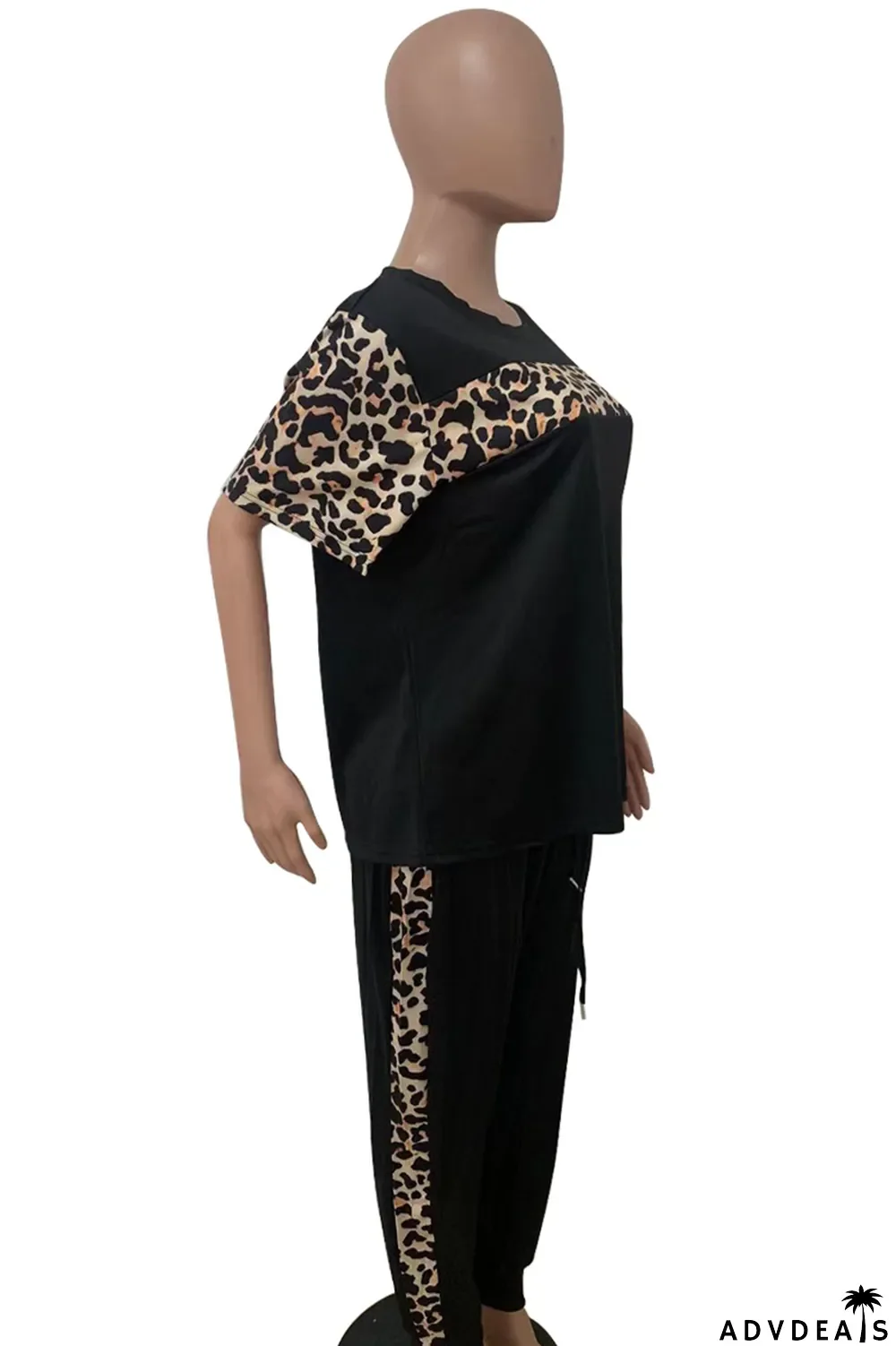Black Casual Leopard Patchwork O Neck Plus Size Two Pieces