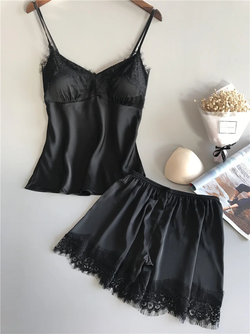 Brownm 2019 Hanging Pyjamas Women's Summer Sexy Ice Wire Two-Piece Set With Silk Shorts Gathering Big-Size Thin Homewear