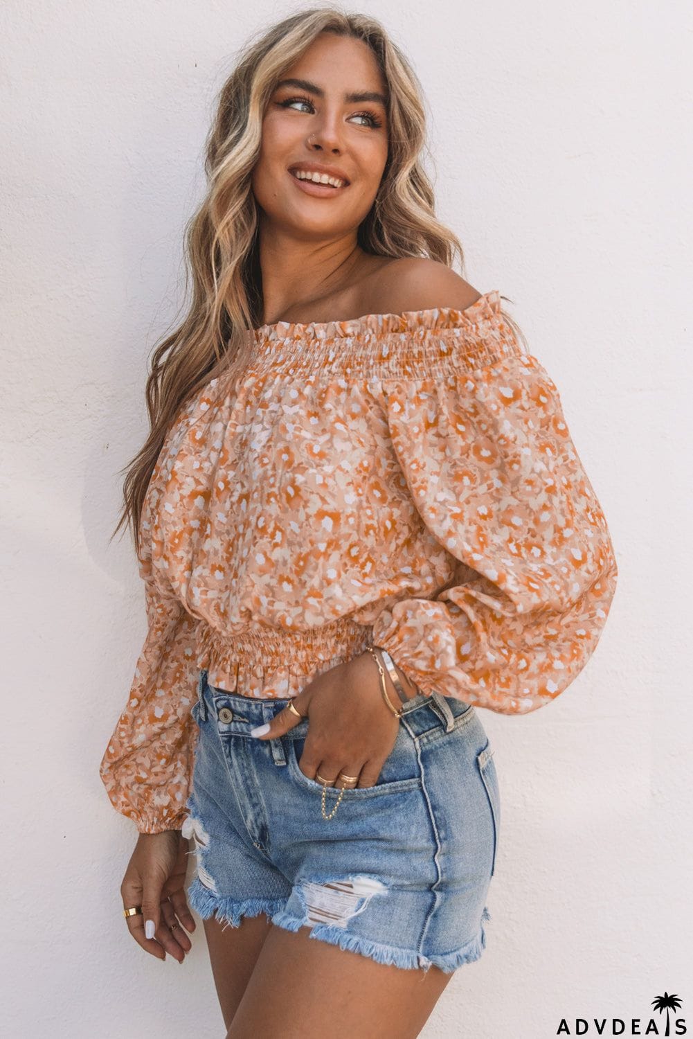 Ruffled Shirred Off Shoulder Floral Top