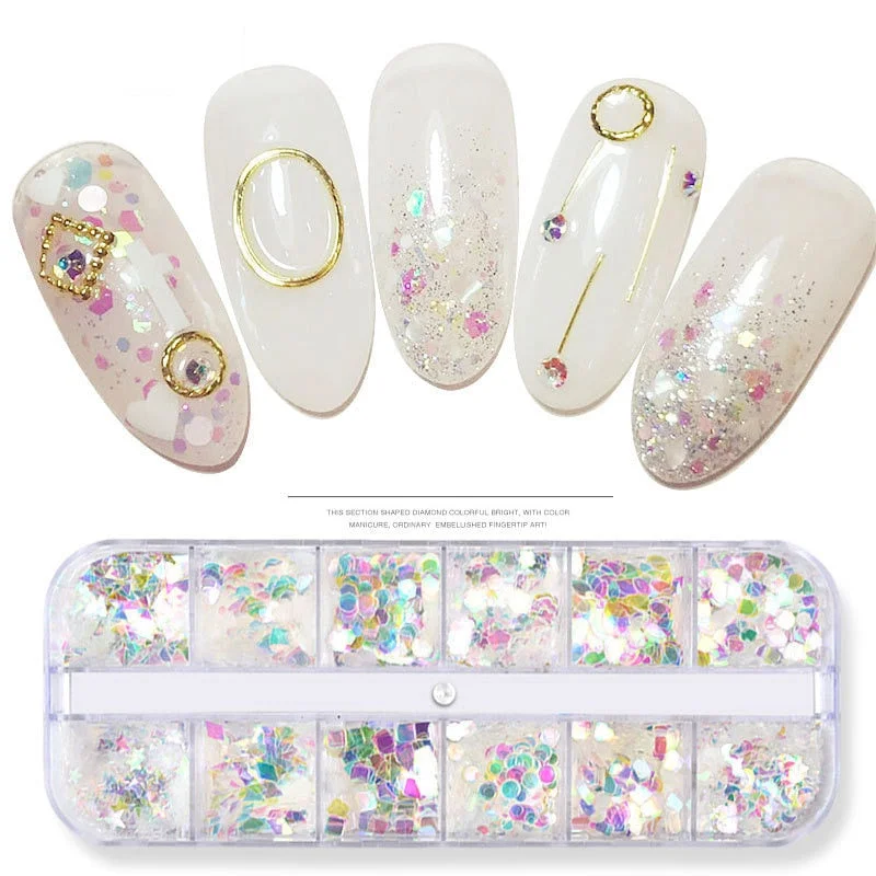 12 Grids Spangles Nail Sequins Aurora AB Nail Flakes Stunning Pailliette Heart Butterfly Spring Sticker Nart Tips Decoration-Nail Inspo