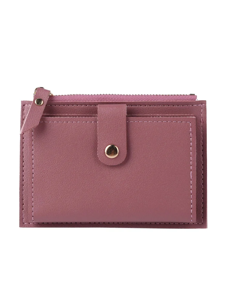 Women Retro Solid Color Multi-slot Card Holder Leather Wallet (Rose Red)