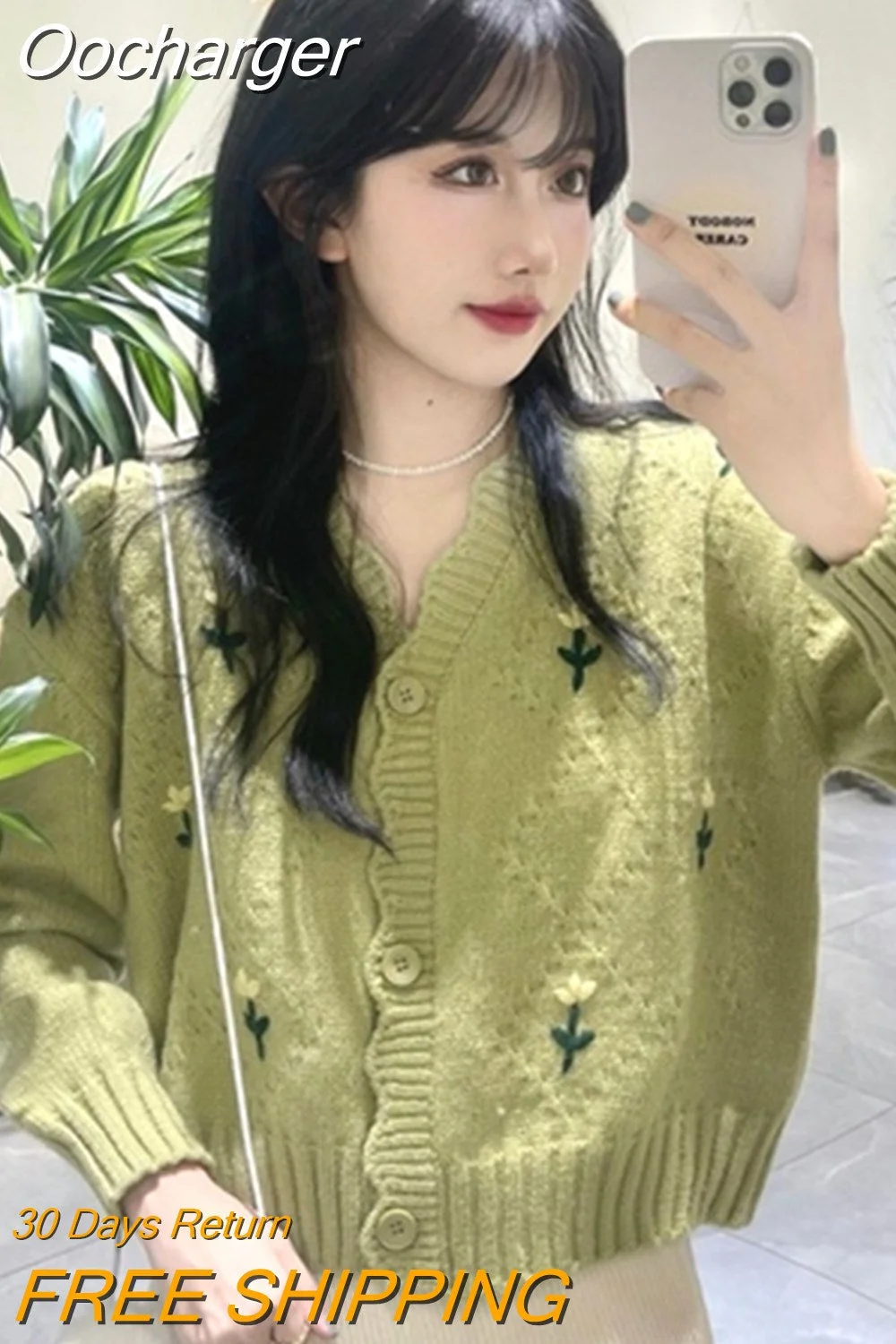 Oocharger Short Cardigans Sweet Embroidered Floral Japan Style Women Sweaters Kawaii V Neck Green Autumn Winter Chaquetas