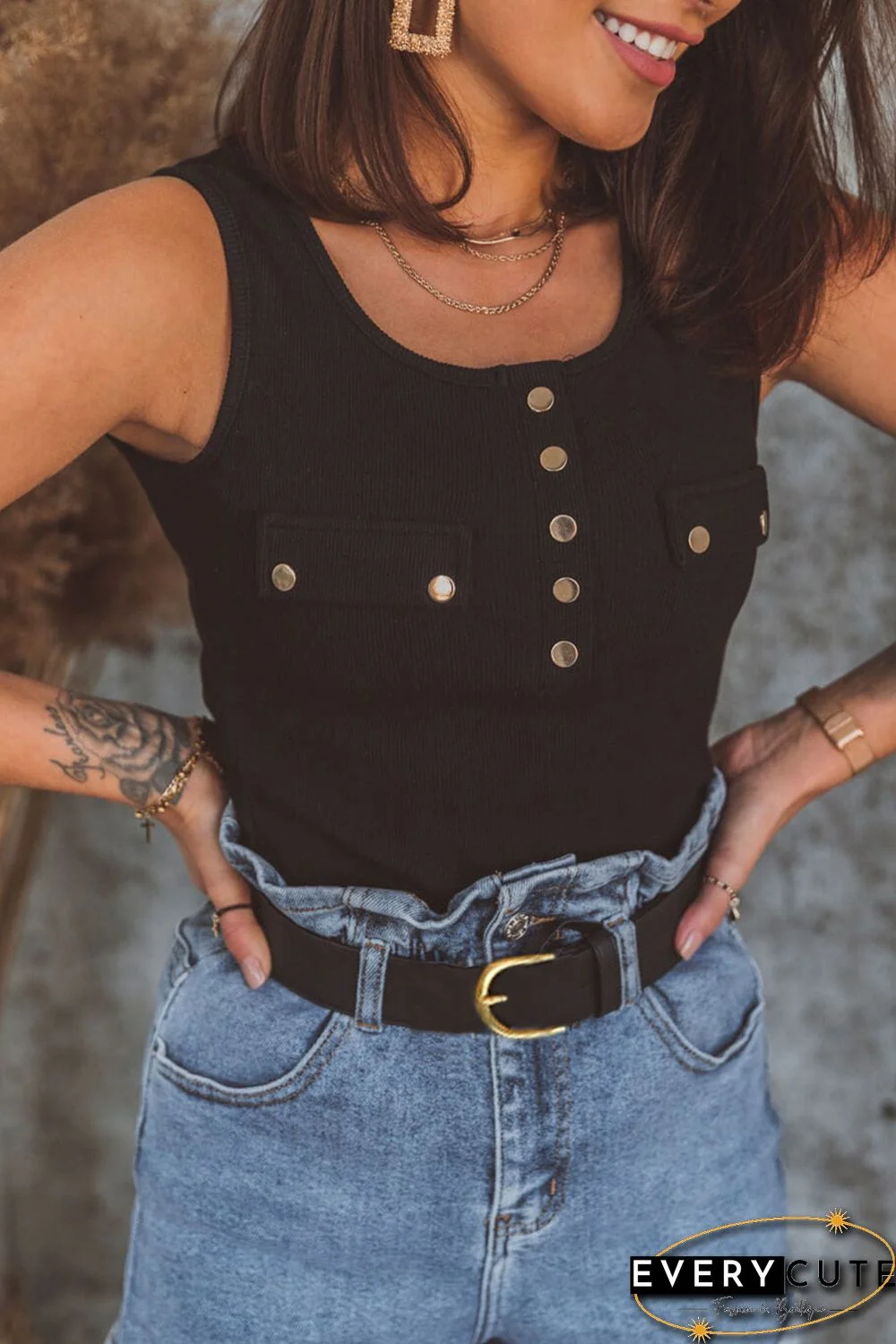 Black Buttoned Design Ribbed Knit Tank