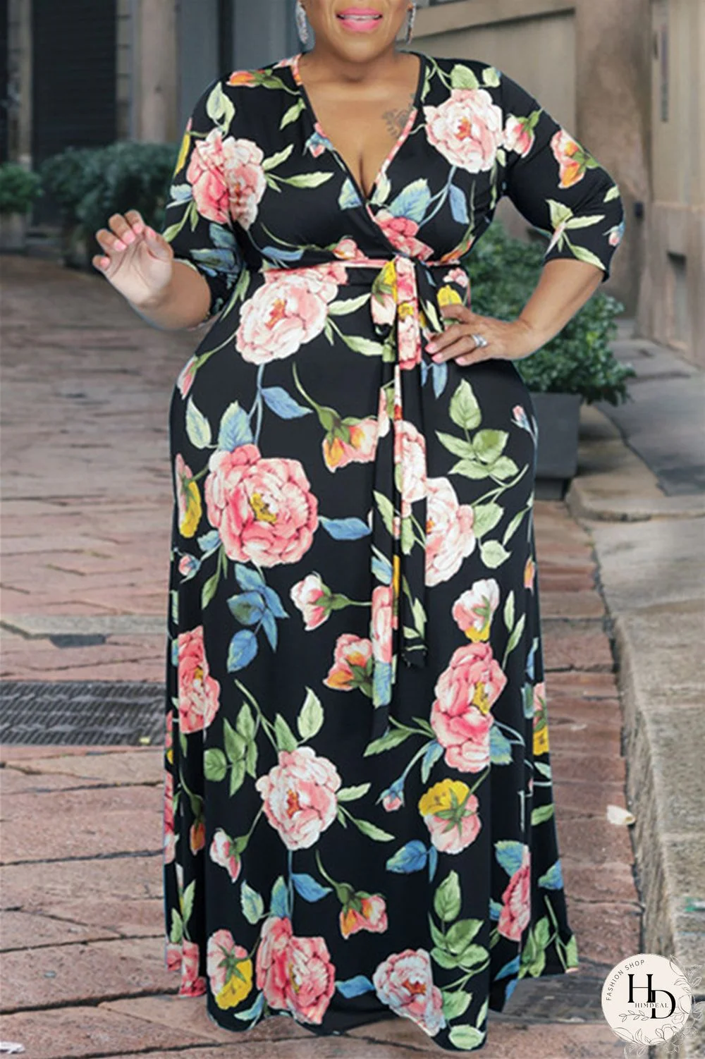 Multicolor Fashion Casual Print Bandage Patchwork V Neck Long Dress