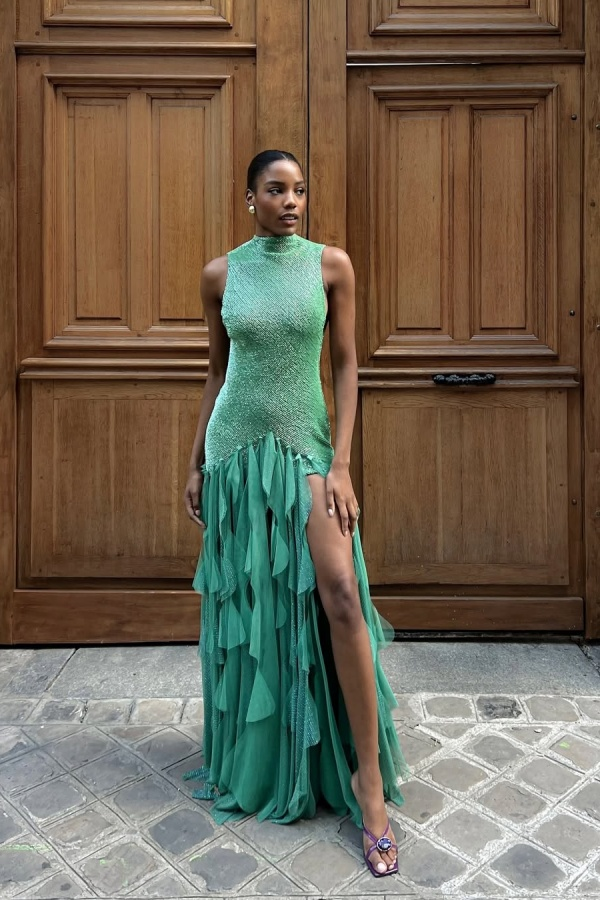 Oknass High Neck Sleeveless Long Mermaid Prom Dress With Split Ruffles 