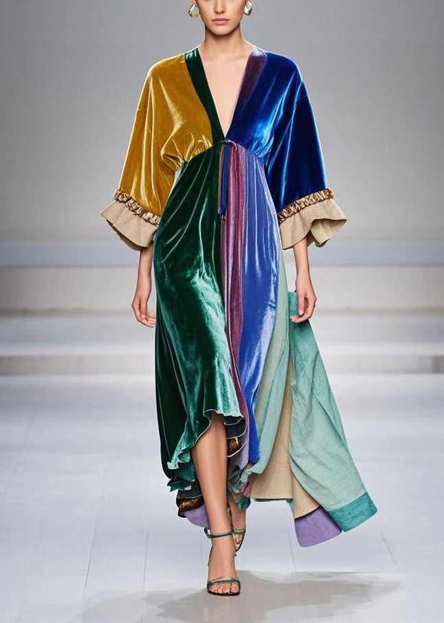 VCSHOES Colorblock Asymmetrical Patchwork Silk Velvet Robe Dress Bracelet Sleeve