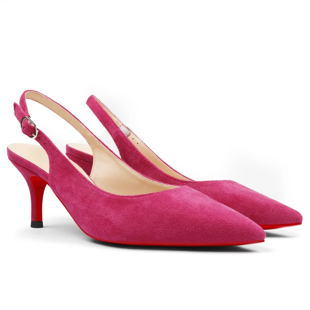 2.36" Women's Pointed Toe Sandals Slingback Red Bottom Shoes Kitten Heel Daily Pumps Suede-MERUMOTE