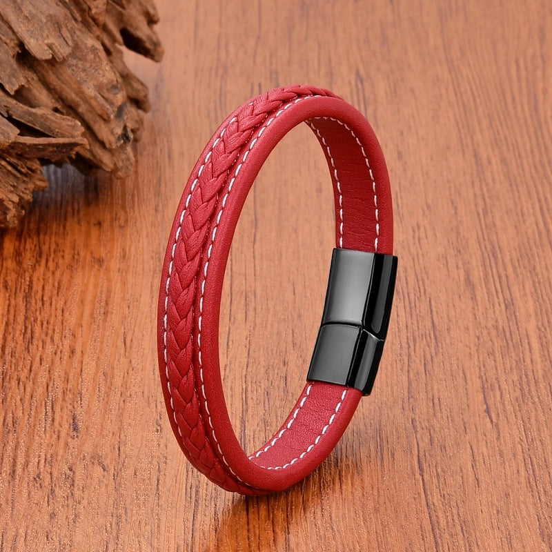 Minimalist Classic Style Commute Solid Color 316L Stainless Steel Leather Rope Unisex Bracelets