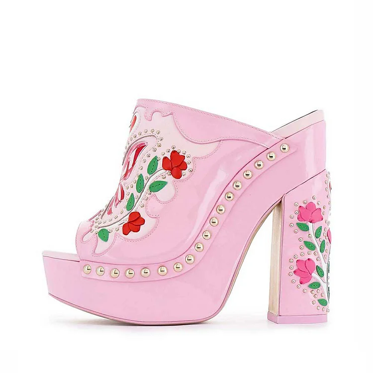 Pink Open Toe Gold-Tone Studded High Heel Platform Mules for Women |FSJ Shoes
