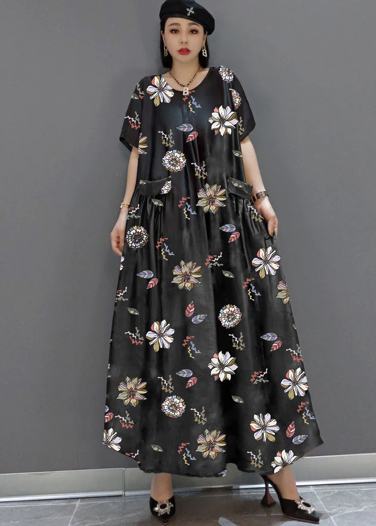 VCSHOES loose black-flower O-Neck Print Satin Maxi Dress Summer