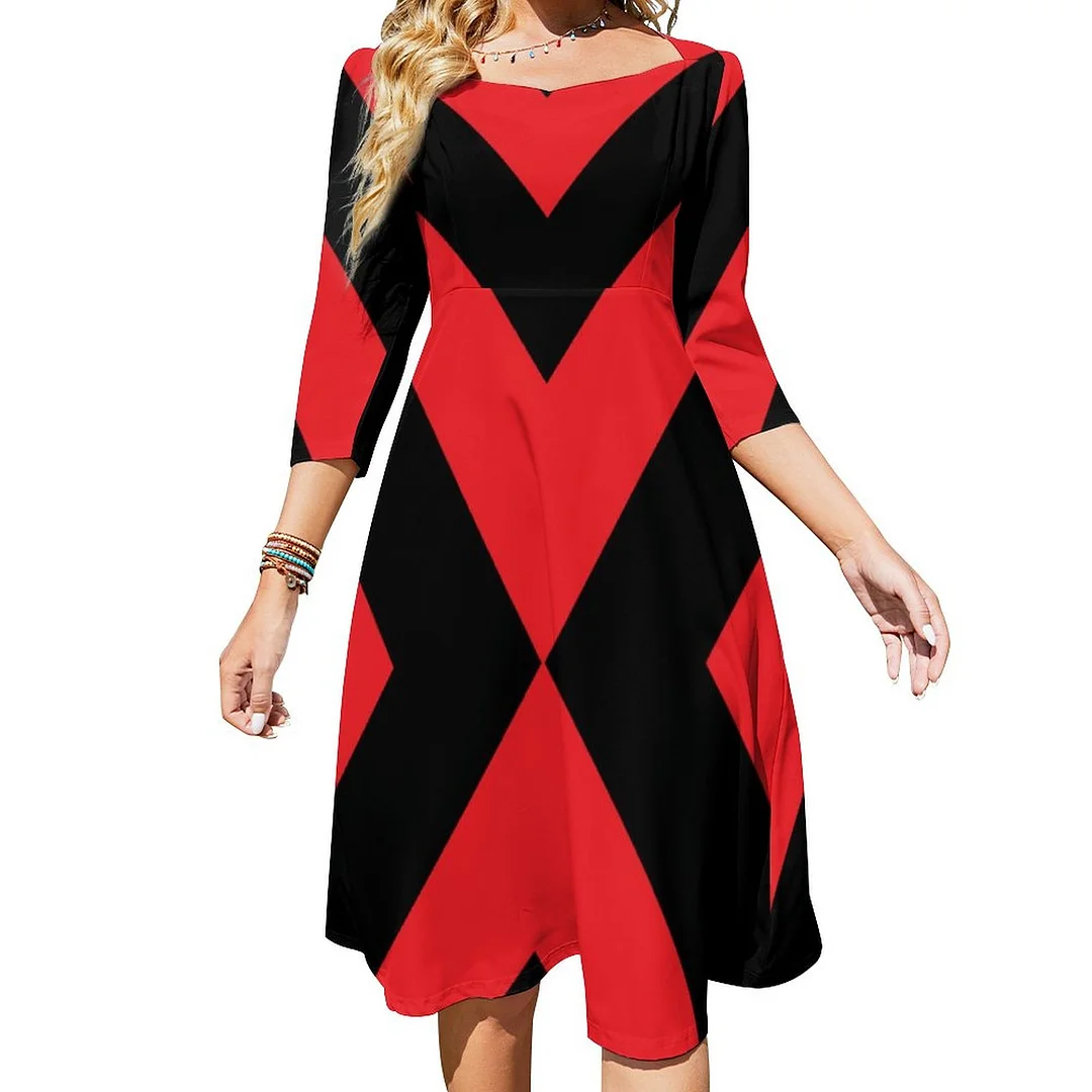 Red And Black Yoga Pant Striped Dress Sweetheart Tie Back Flared 3/4 Sleeve Midi Dresses