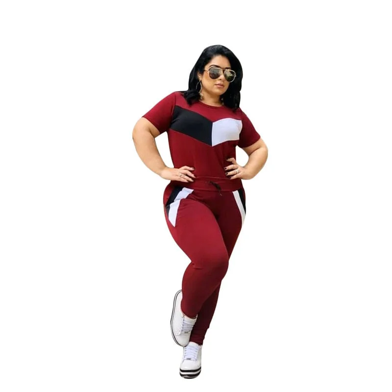 Plus Size 2 Piece Set Women Tracksuits Patchwork Crop Top Short Sleeve Leggings Jogger Sport Suit Stretch Wholesale Dropshipping