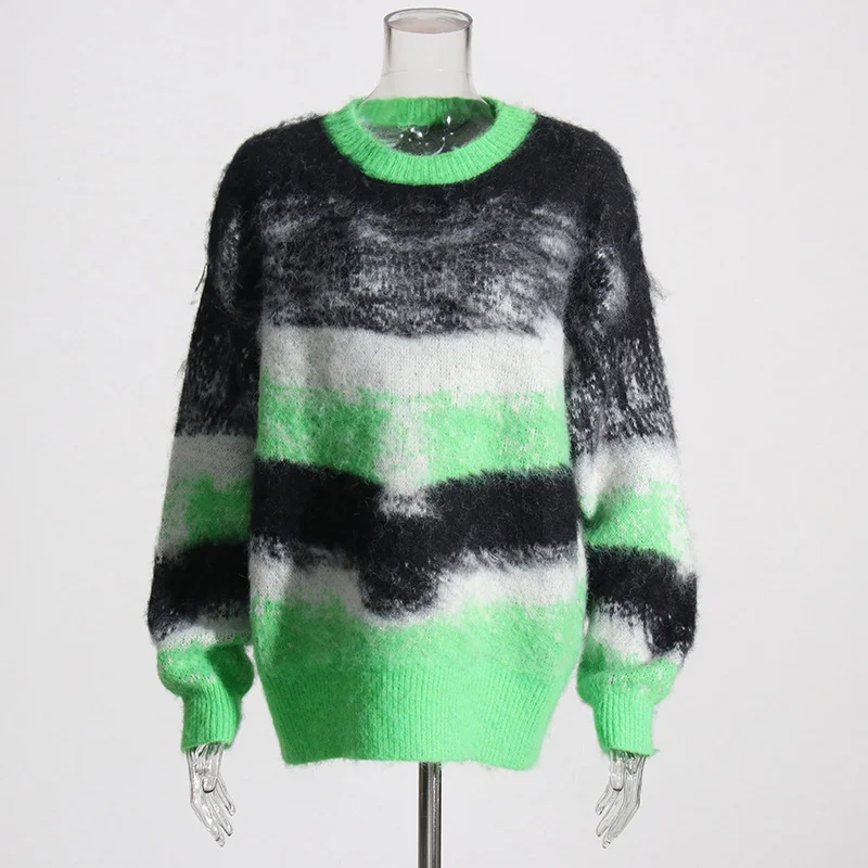 Zingj Fashion Trend Style Temperament Loose Round Collar Knitted Shirt 2025 Summer New Splicing Color Cover Striped Sweater Woman