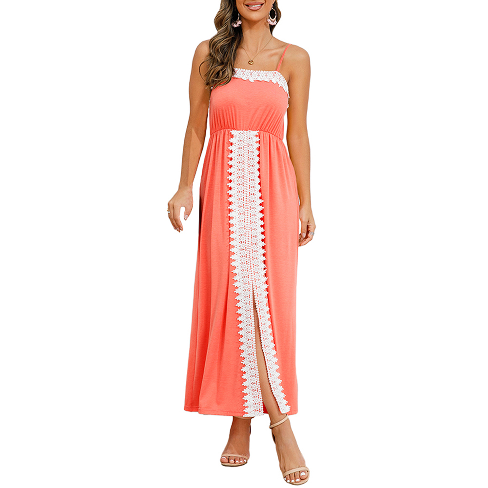 Pink Spliced Lace Trim Spaghetti Straps Dress