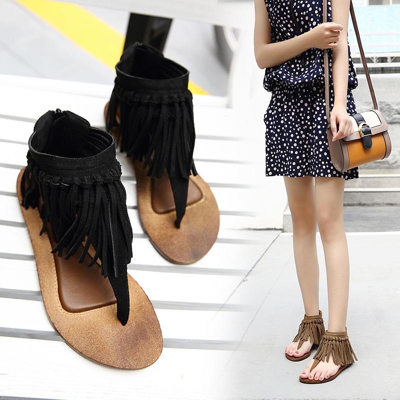 VCSHOES Tassels Slip-on Zipper Flat Sandals