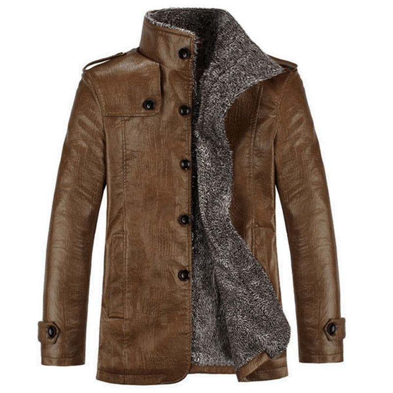 Men'S Quality PU Leather Jacket Slim Fit Plush Thick Warm Jacket Coat