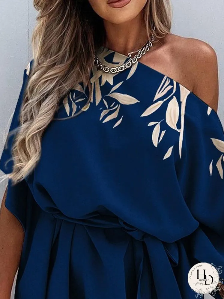 Dresses Printed Sloping Shoulder Belted Casual Dress for Women