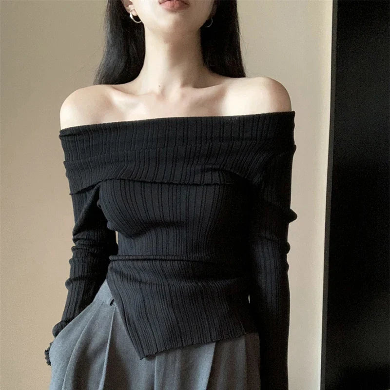 Aiertu Y2K Korean Women Pullover Sweet Knitted Slim Off Shoulder Long Sleeve Female Sweater Autumn New Irregulate Ladies Casual Jumpers aiertu