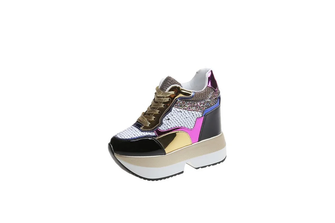 Wongn Wongn Women's Shoes Sequins Spell Color Belt Platform Inside Increased Ultra High Heel Casual Shoes Sports Shoes Women's Shoes