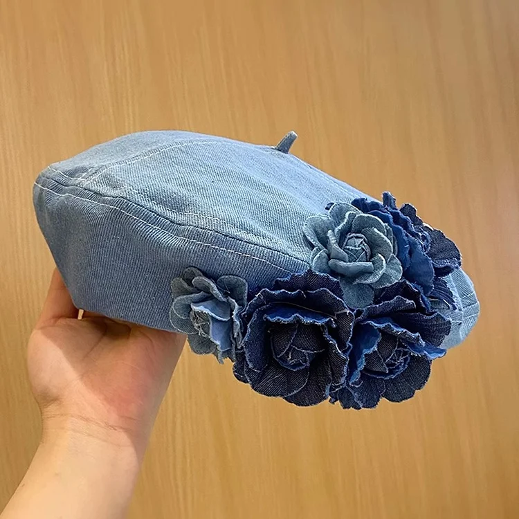 Fashion Color Block 3D Floral Denim Beret