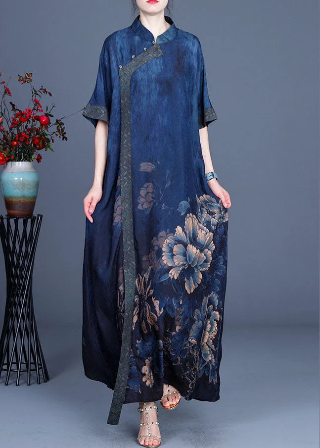 Elegant Blue Print Silk Dresses Half Sleeve