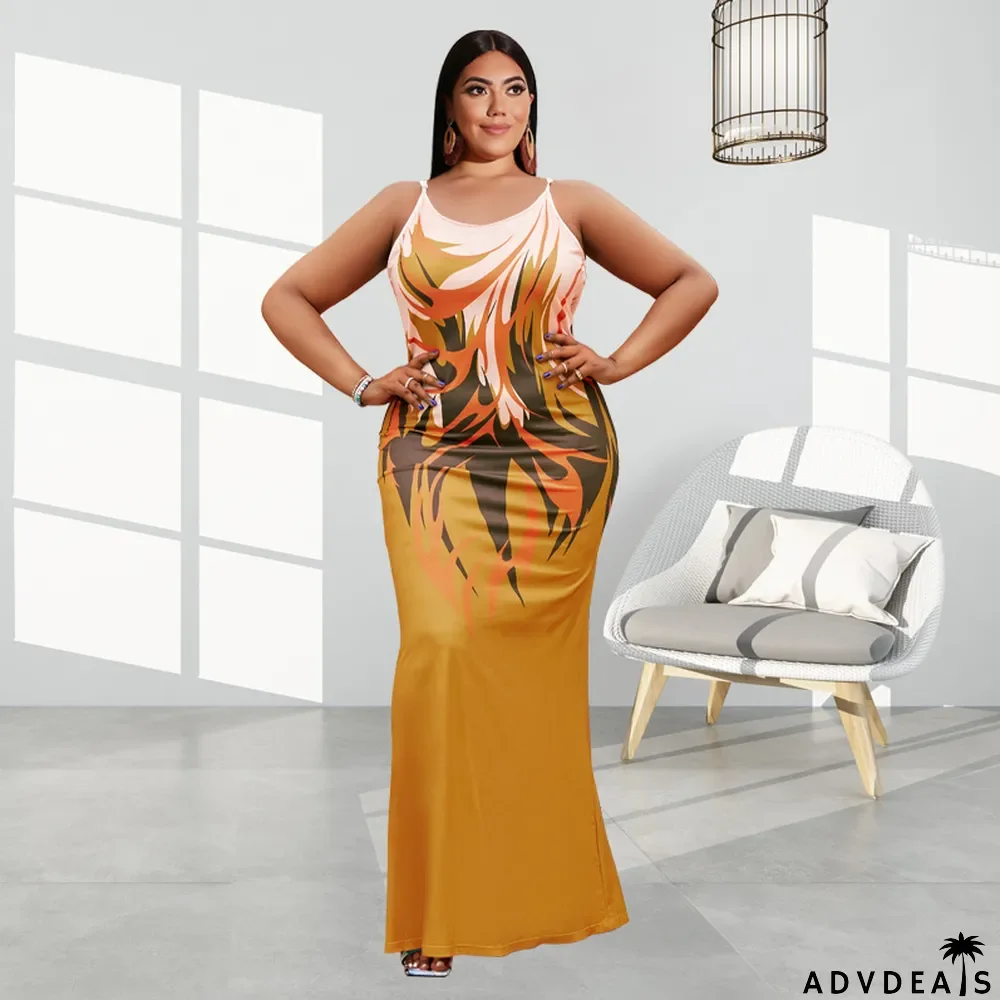Plus Size Printed Backless Sleeveless Maxi Dress