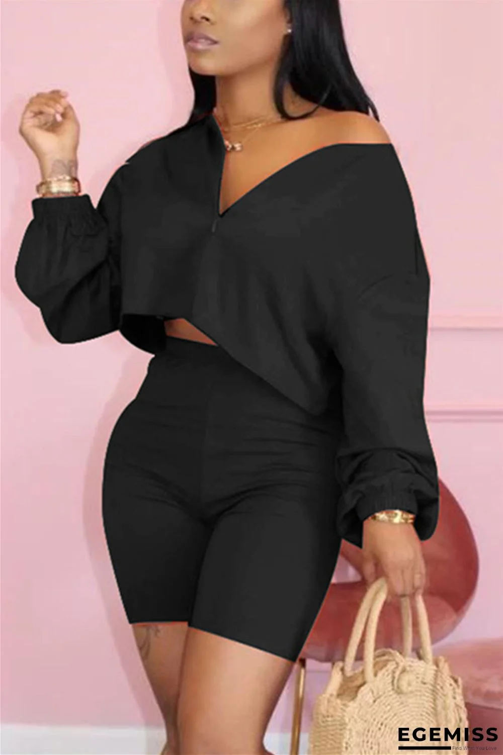 Black Fashion Casual Shorts Two-piece Set | EGEMISS