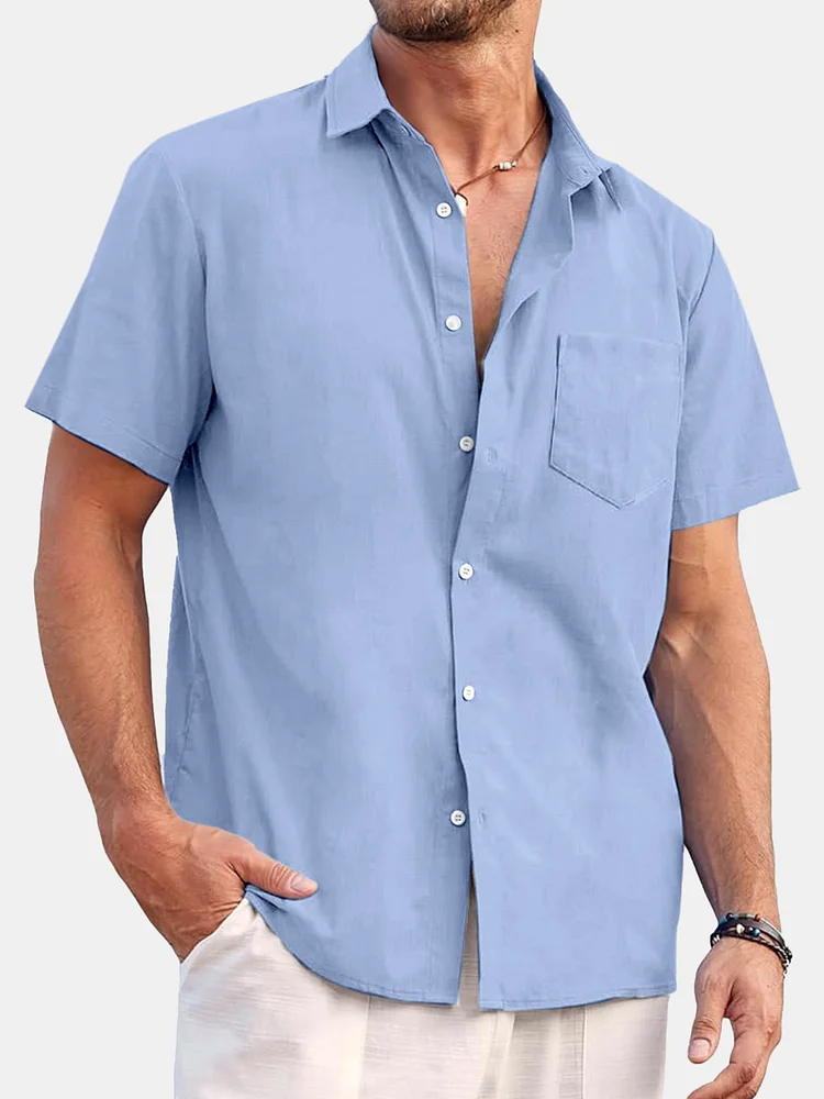 Men's Summer Comfortable And Loose Imitation Linen Solid Color Short-sleeved Shirt