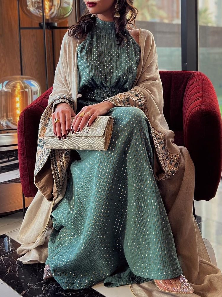 Strapless Belted Dress and Ethnic Embroidered Tunic Set