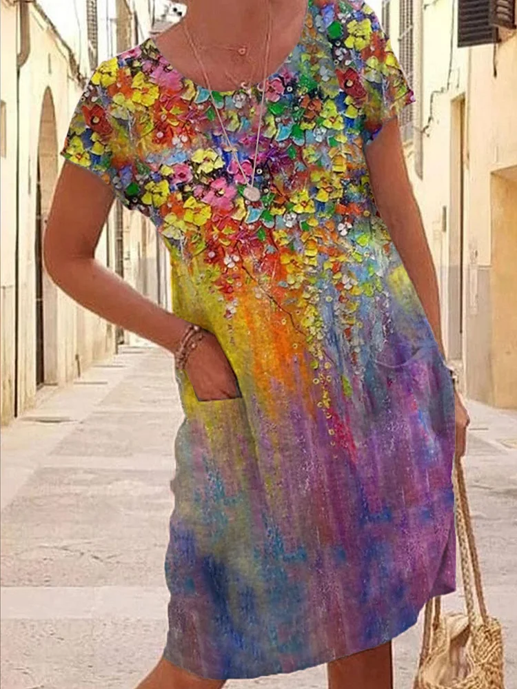 Womens Spring Summer Vacation Oil Painting Flower Cotton Linen Loose Dress