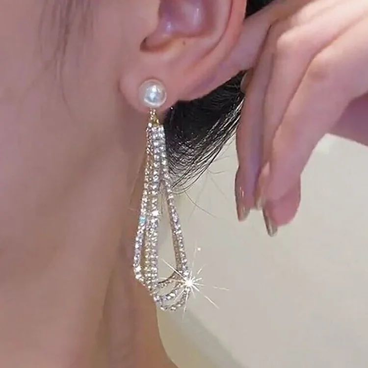 1Pair Pearls Rhinestone Drop Chain Earrings