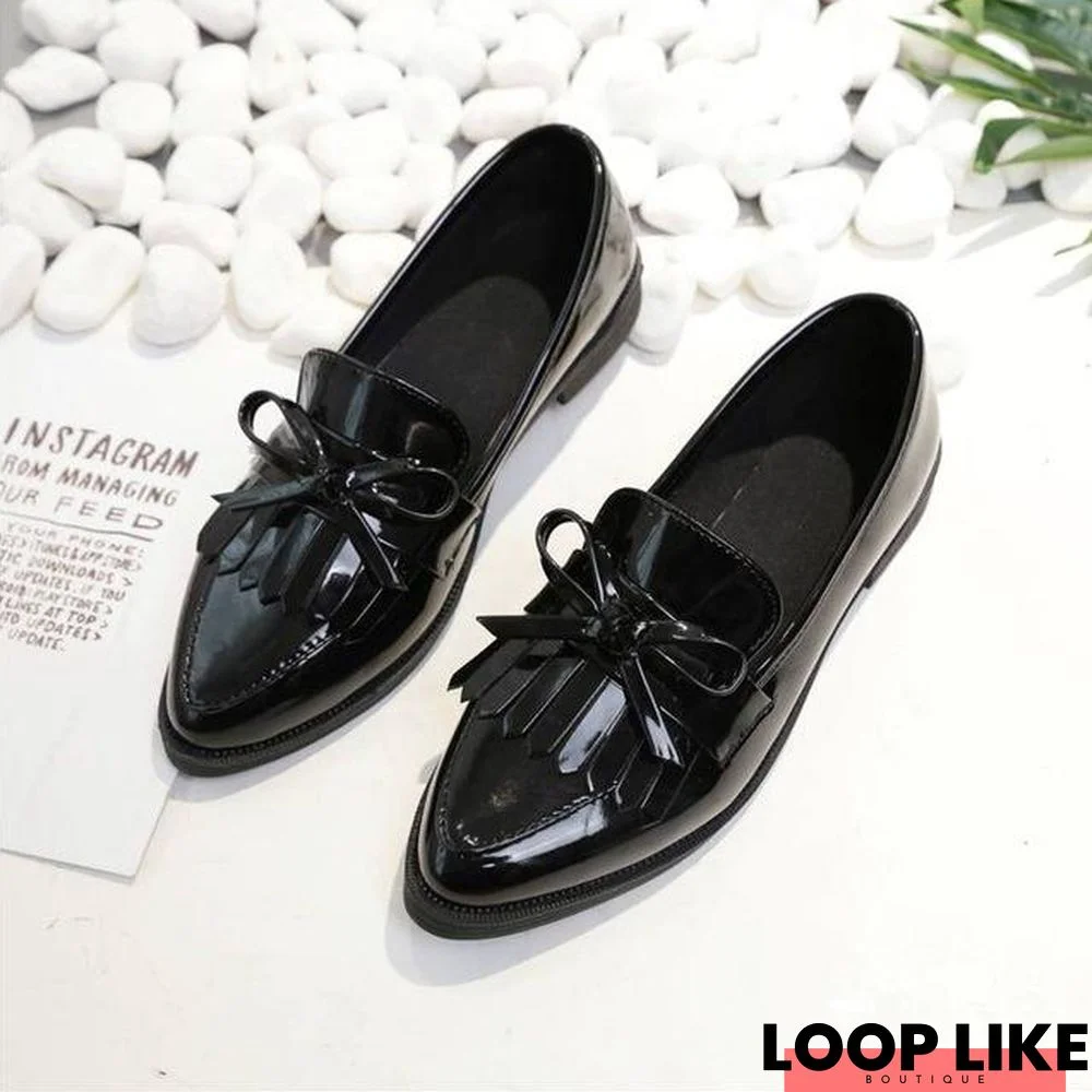 Woman Casual Tassel Bow Pointed Toe Black Oxford Comfortable Slip On Flats