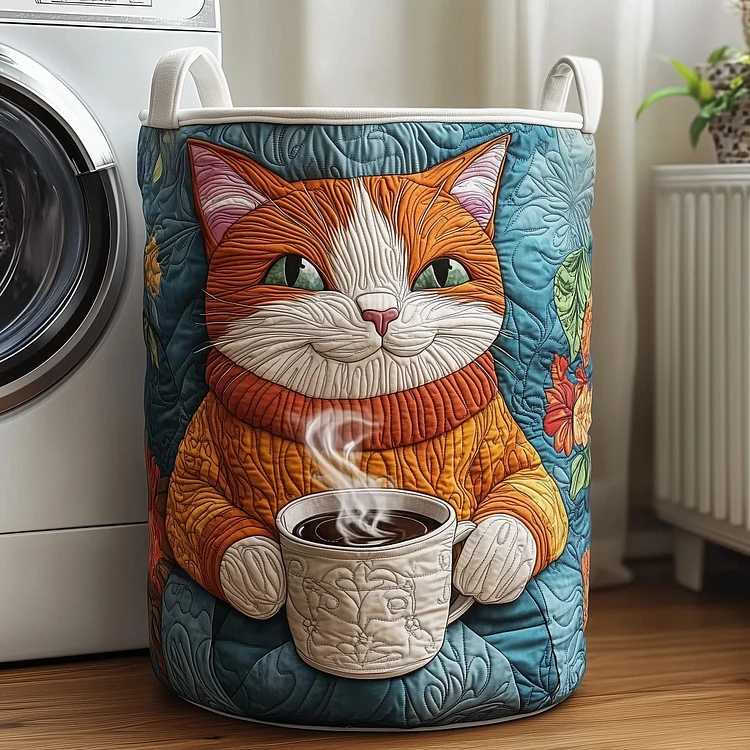 Cat With Coffee Quilted Laundry Basket GFTOXM280
