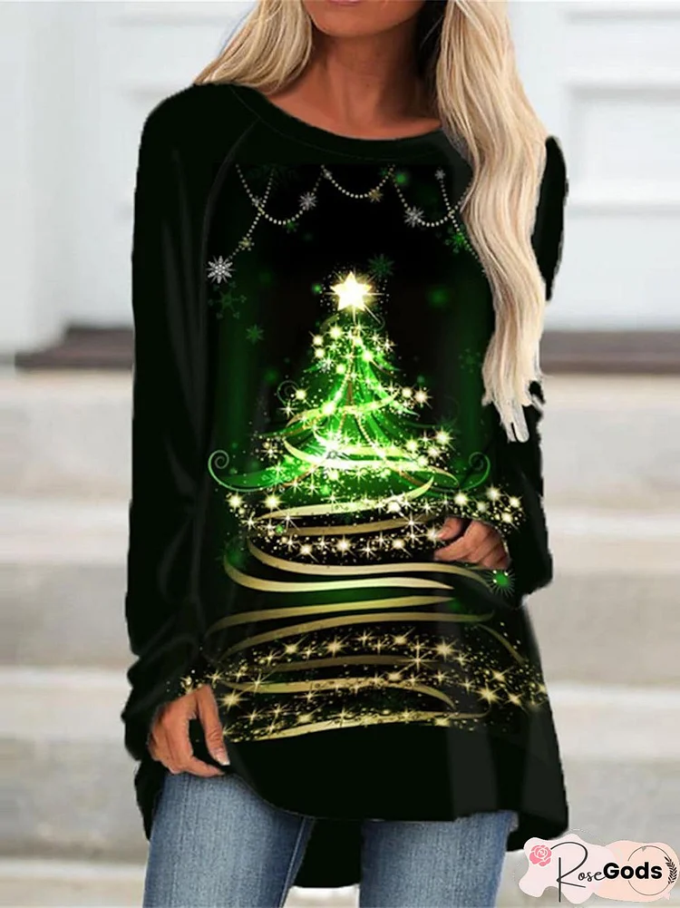 Crew Neck Christmas Tree Lovely Tunic Casual Top