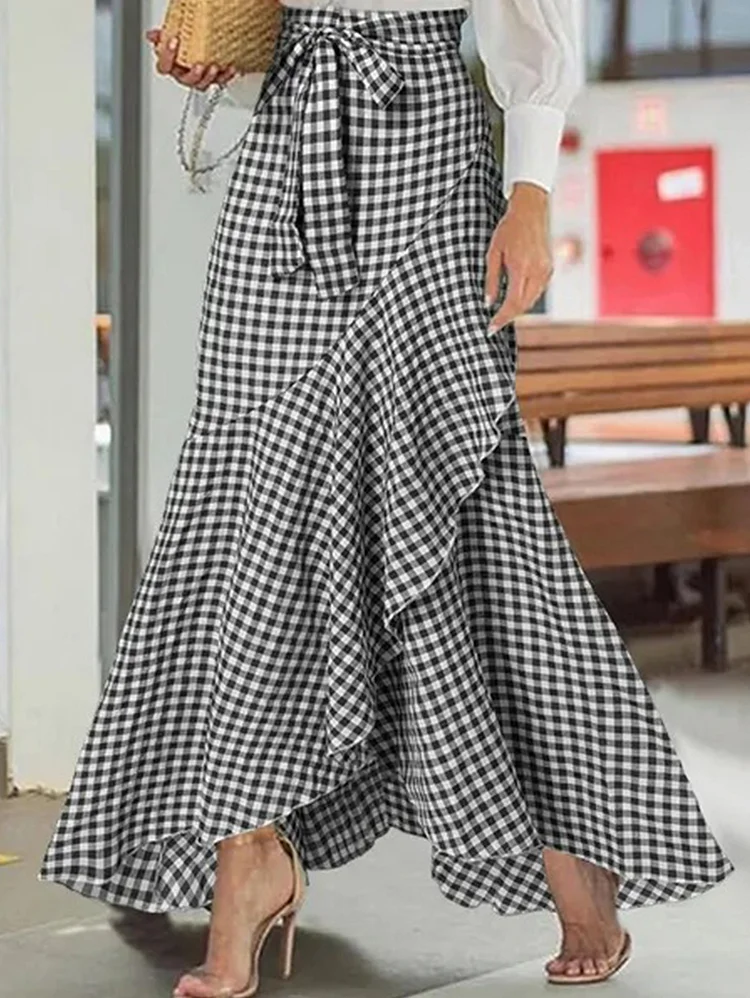 Casual Plaid Ruffle Asymmetric High Waist Bowknot Maxi Skirt