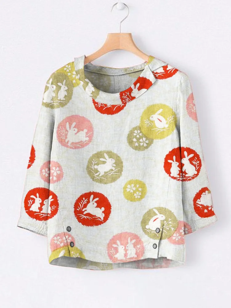 Japanese Rabbit Pattern Linen Lapel Loose Shirt
