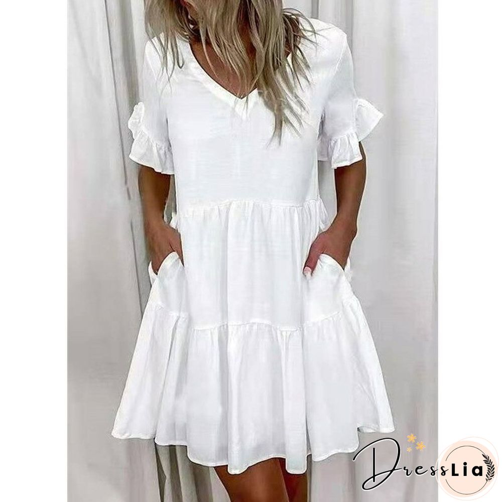 Printed Ruffle Pocket Dress Women Casual Loose Shoprt Sleeve Boho Vestidos Mujer
