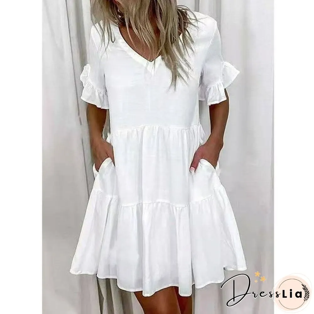 Printed Ruffle Pocket Dress Women Casual Loose Shoprt Sleeve Boho Vestidos Mujer