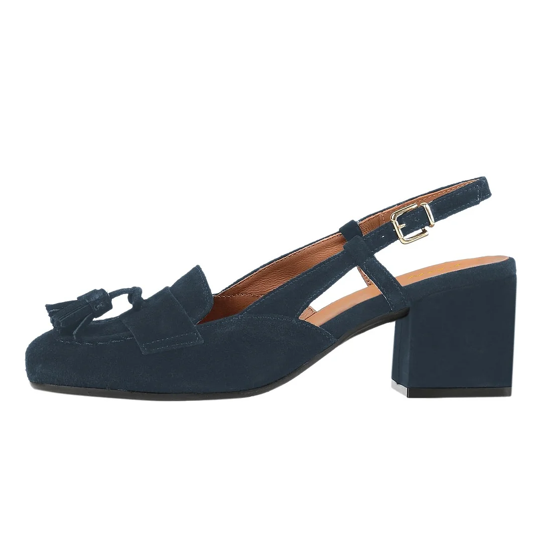 Vegan Suede Square Toe Buckle Tassel Slingback Women's Loafers in Navy