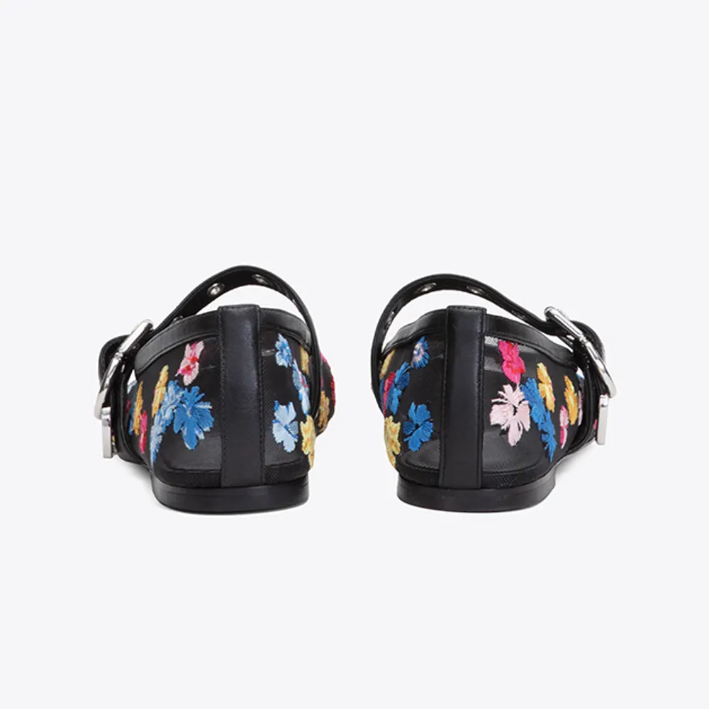 Black Mesh Square Toe Flat Mary Jane Shoes with Colorful Flowers