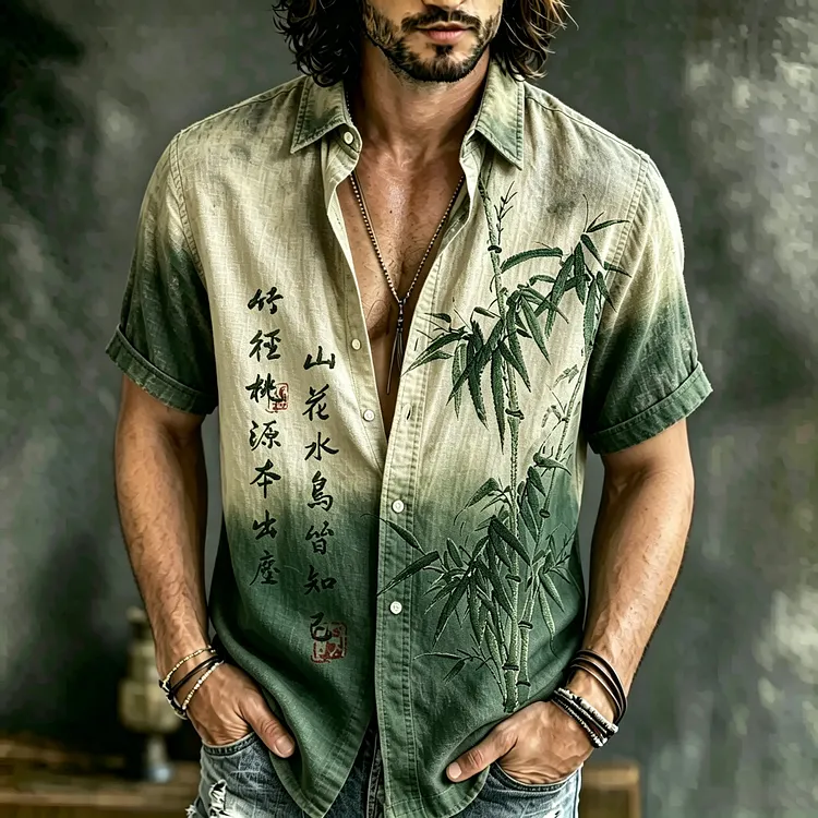 Men's Vintage Japanese Bamboo Art Embroidered Linen Blend Short Sleeve Shirts