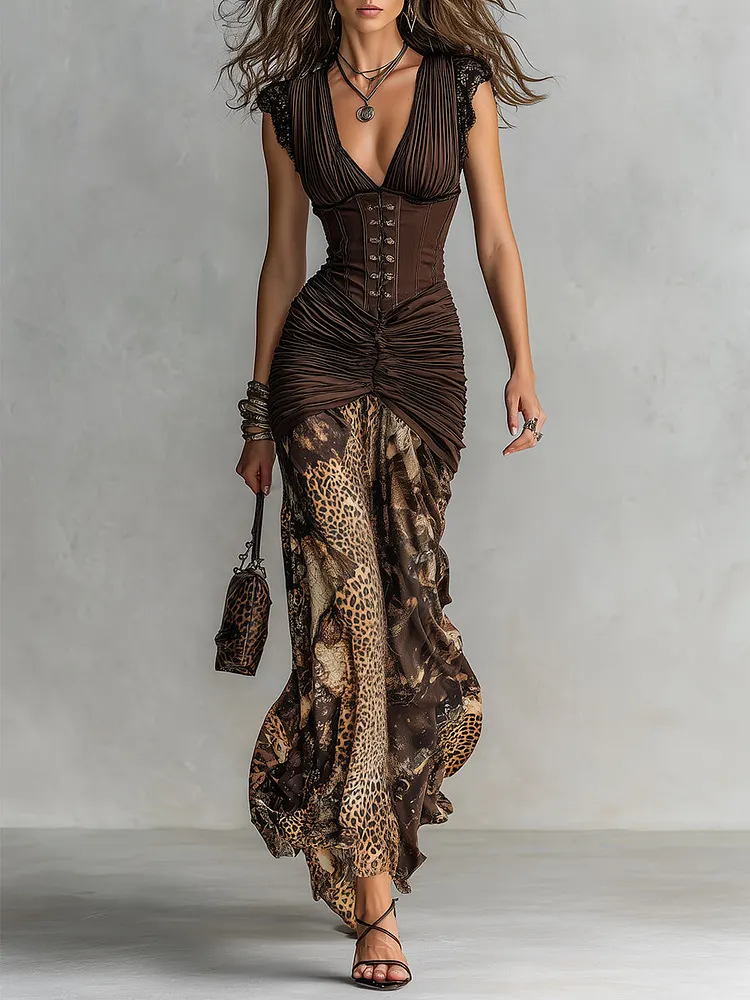 Vintage Corset Leopard Print Pleated Maxi Dress