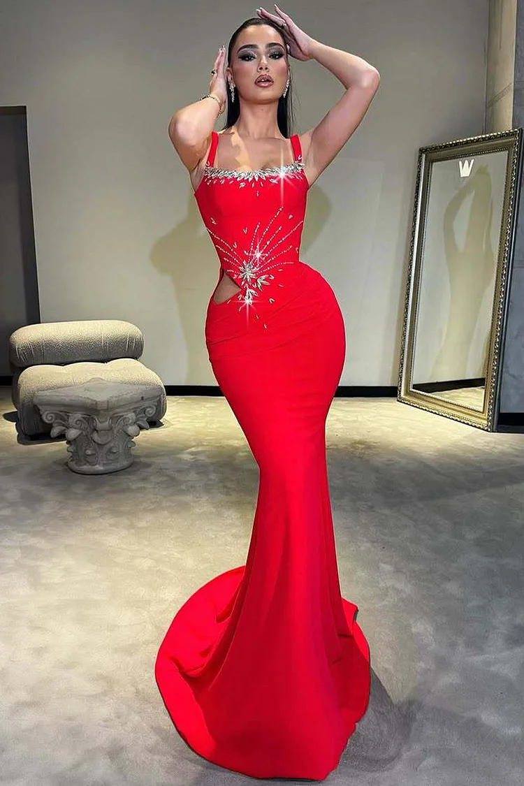 Rhinestone Draped Cut Out Sleeveless Maxi Dress-Red