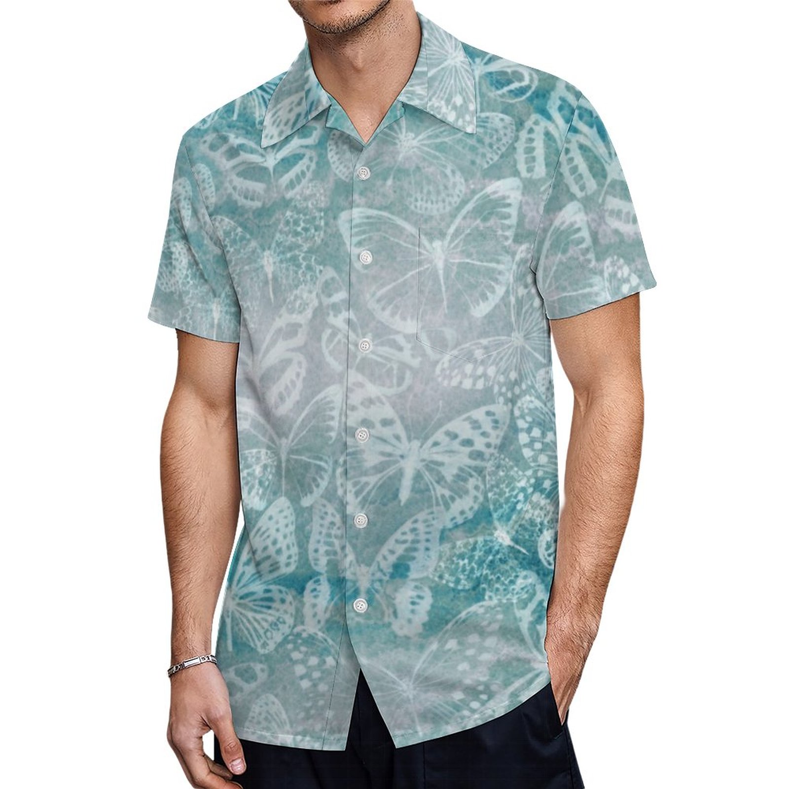 Sea Green Marble Butterflies Hawaiian Shirt Mens Button Down Plus Size Tropical Hawaii Beach Shirts