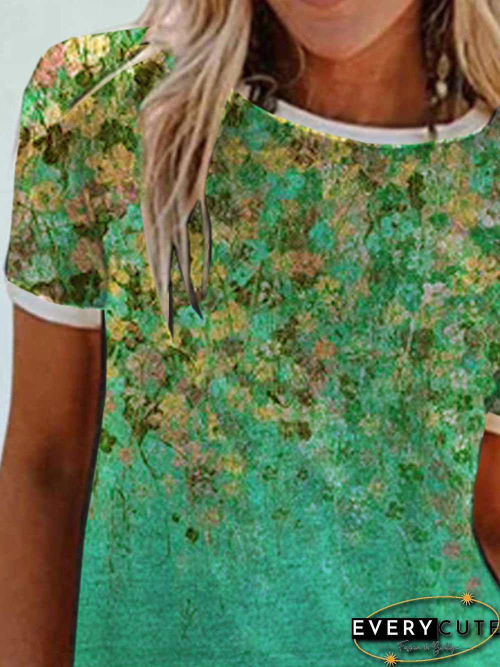 Floral Short Sleeve Printed Cotton-blend Crew Neck Casual Summer Green Top