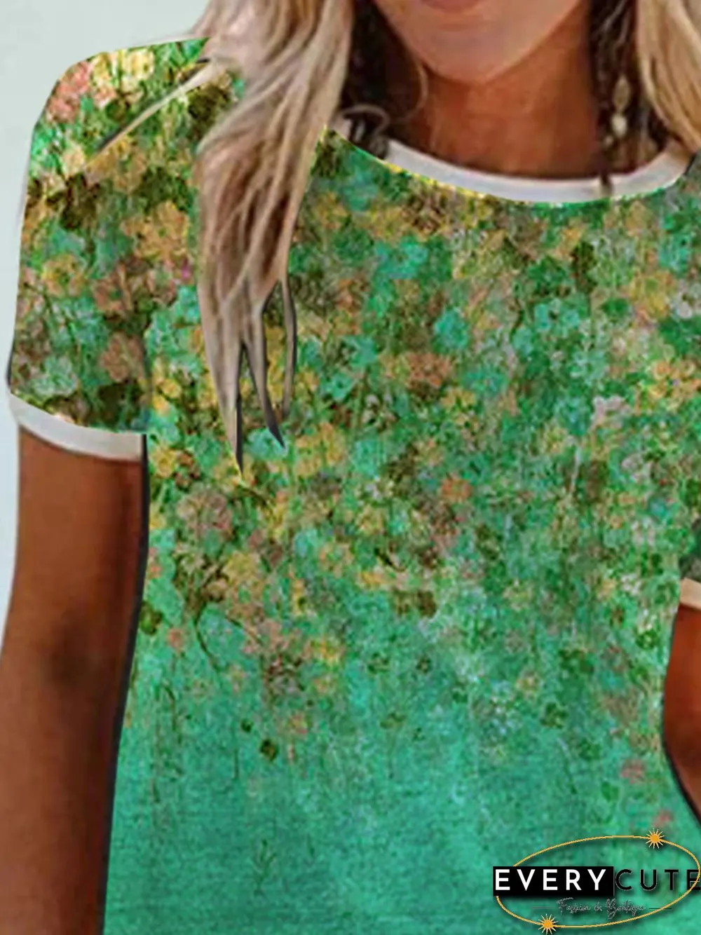 Floral Short Sleeve Printed Cotton-blend Crew Neck Casual Summer Green Top
